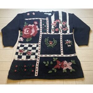 Capacity Vintage 80s Floral Navy & Pink Sweater‎ Chunky Knit W/ Shoulder Pads. M